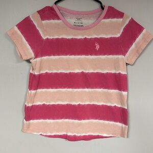 US Polo Assn Girls' Pink Stripe Short sleeve Cotton Tee Shirt, XL (14-16)